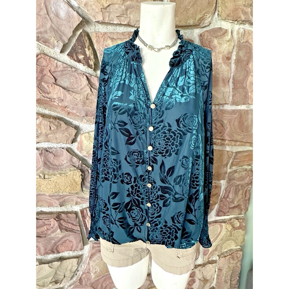 Anne Klein Womens Plus M Teal Floral Velvet Burnout Button Up Blouse Ruffle